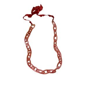 J.Crew Pink Acrylic Chunky Chain Link Necklace Coral  Grosgrain Ribbon Tie 56in